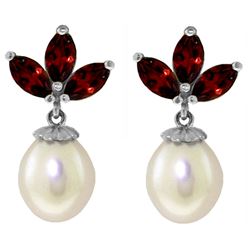 ALARRI 9.5 Carat 14K Solid White Gold Dangling Earrings Pearl Garnet