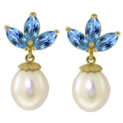 ALARRI 9.5 Carat 14K Solid Gold Dangling Earrings Pearl Blue Topaz