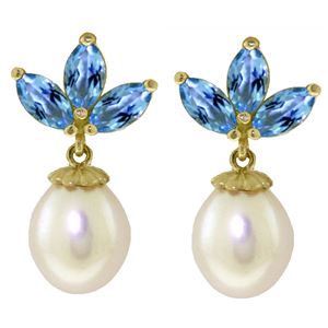 ALARRI 9.5 Carat 14K Solid Gold Dangling Earrings Pearl Blue Topaz