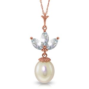 ALARRI 14K Solid Rose Gold Necklace w/ Pearl & Aquamarines