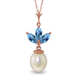 ALARRI 14K Solid Rose Gold Necklace w/ Pearl & Blue Topaz