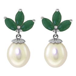 ALARRI 9.5 Carat 14K Solid White Gold Dangling Earrings Pearl Emerald