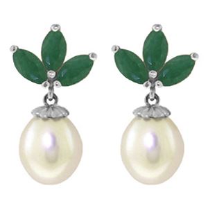 ALARRI 9.5 Carat 14K Solid White Gold Dangling Earrings Pearl Emerald
