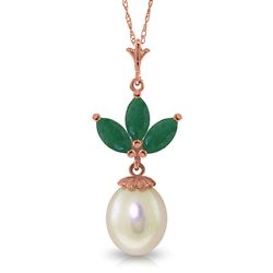 ALARRI 14K Solid Rose Gold Necklace w/ Pearl & Emeralds