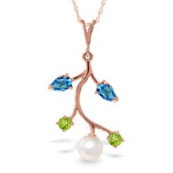 ALARRI 14K Solid Rose Gold Necklace w/ Blue Topaz, Peridots & Pearl