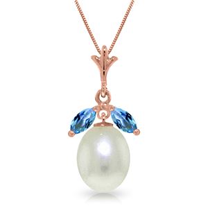 ALARRI 14K Solid Rose Gold Necklace w/ Parl & Blue Topaz