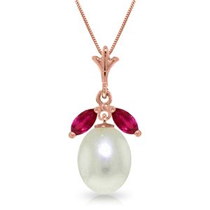 ALARRI 14K Solid Rose Gold Necklace w/ Natural Pearl & Rubies