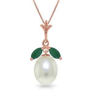 ALARRI 14K Solid Rose Gold Necklace w/ Natural Parl & Emeralds