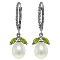 ALARRI 9 CTW 14K Solid White Gold Leverback Earrings Peridot Pearl