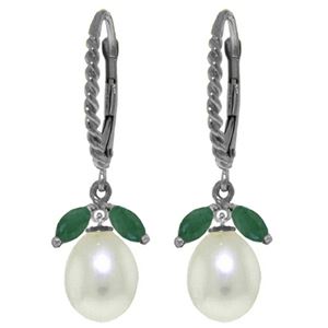 ALARRI 9 Carat 14K Solid White Gold Leverback Earrings Emerald Pearl