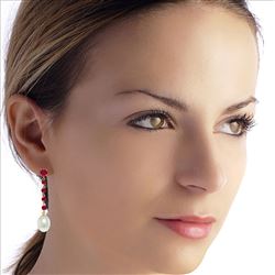ALARRI 14K Solid Rose Gold Chandelier Earrings w/ Rubies & Pearls