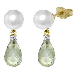 ALARRI 6.6 Carat 14K Solid Gold Stud Earrings Diamond, Green Amethyst Pearl