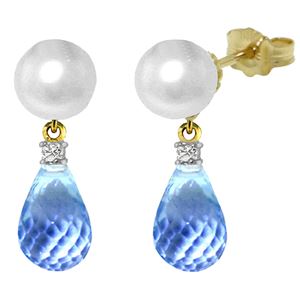 ALARRI 6.6 CTW 14K Solid Gold Stud Earrings Diamond, Blue Topaz Pearl