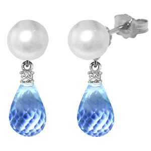 ALARRI 6.6 Carat 14K Solid White Gold Stud Earrings Diamond, Blue Topaz Pearl
