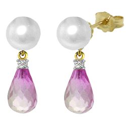 ALARRI 6.6 CTW 14K Solid Gold Stud Earrings Diamond, Pink Topaz Pearl