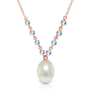 ALARRI 14K Solid Rose Gold Necklace w/ Natural Aquamarine & Pearl