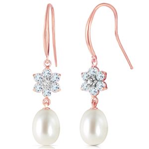 ALARRI 14K Solid Rose Gold Fish Hook Earrings w/ Diamonds, Aquamarines & Pearl