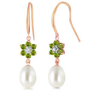 ALARRI 14K Solid Rose Gold Fish Hook Earrings w/ Diamonds, Peridots & Pearls