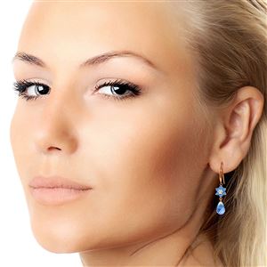 ALARRI 14K Solid Rose Gold Fish Hook Earrings w/ Diamond & Blue Topaz