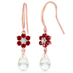 ALARRI 14K Solid Rose Gold Hook Earrings w/ Diamonds, Rubies & Rose Topaz