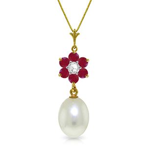 ALARRI 4.53 Carat 14K Solid Gold Necklace Natural Pearl, Ruby Diamond