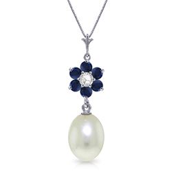 ALARRI 4.53 Carat 14K Solid White Gold Necklace Natural Pearl, Sapphire Diamond