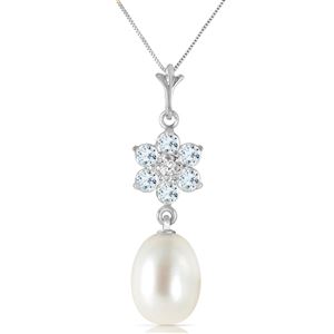 ALARRI 4.53 Carat 14K Solid White Gold Necklace Natural Pearl, Aquamarine Diamond