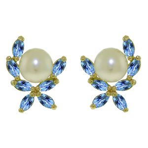 ALARRI 3.25 Carat 14K Solid Gold Stud Earrings Blue Topaz Pearl