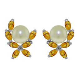 ALARRI 3.25 CTW 14K Solid White Gold Stud Earrings Natural Citrine Pearl