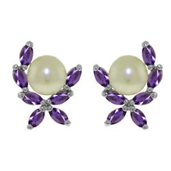 ALARRI 3.25 Carat 14K Solid White Gold Stud Earrings Natural Amethyst Pearl