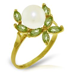 ALARRI 2.65 Carat 14K Solid Gold Ring Natural Peridot Pearl