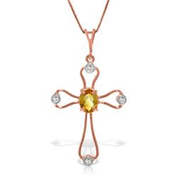 ALARRI 14K Solid Rose Gold Cross Necklace w/ Natural Diamonds & Citrine