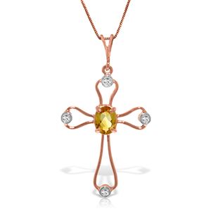 ALARRI 14K Solid Rose Gold Cross Necklace w/ Natural Diamonds & Citrine
