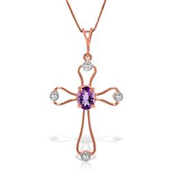 ALARRI 14K Solid Rose Gold Cross Necklace w/ Natural Diamonds & Amethyst