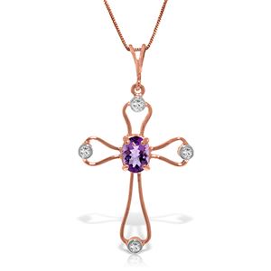 ALARRI 14K Solid Rose Gold Cross Necklace w/ Natural Diamonds & Amethyst