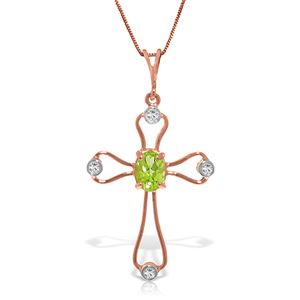 ALARRI 14K Solid Rose Gold Cross Necklace w/ Natural Diamonds & Peridot
