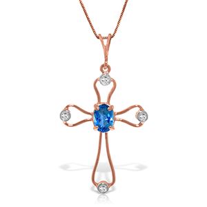 ALARRI 14K Solid Rose Gold Cross Necklace w/ Natural Diamonds & Blue Topaz