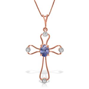 ALARRI 14K Solid Rose Gold Cross Necklace w/ Natural Diamonds & Tanzanite