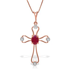 ALARRI 14K Solid Rose Gold Cross Necklace w/ Natural Diamonds & Ruby