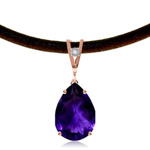 ALARRI 14K Solid Rose Gold & Leather Necklace w/ Diamond & Purple Amethyst