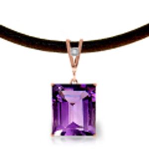 ALARRI 14K Solid Rose Gold & Leather Necklace w/ Diamond & Purple Amethyst