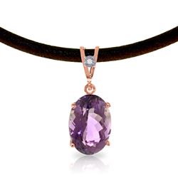 ALARRI 14K Solid Rose Gold & Leather Necklace w/ Diamond & Purple Amethyst