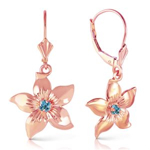 ALARRI 14K Solid Rose Gold Leverback Flowers Earrings w/ Blue Topaz