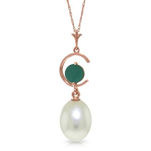 ALARRI 14K Solid Rose Gold Necklace w/ Natural Pearl & Emerald