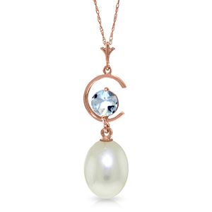 ALARRI 14K Solid Rose Gold Necklace w/ Natural Pearl & Aquamarine