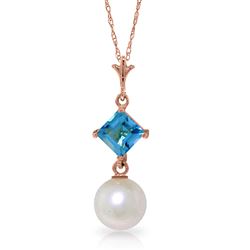 ALARRI 14K Solid Rose Gold Necklace w/ Natural Blue Topaz & Pearl