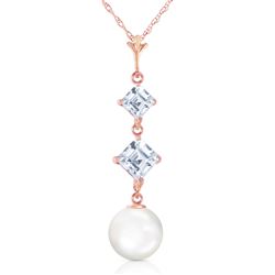 ALARRI 14K Solid Rose Gold Necklace w/ Natural Aquamarines & Pearls