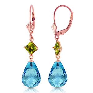 ALARRI 14K Solid Rose Gold Leverback Earrings w/ Peridot & Blue Topaz