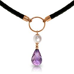 ALARRI 7.5 Carat 14K Solid Rose Gold Leather Necklace Pearl Amethyst