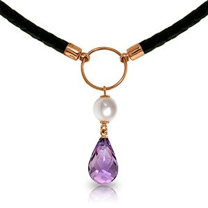 ALARRI 7.5 Carat 14K Solid Rose Gold Leather Necklace Pearl Amethyst